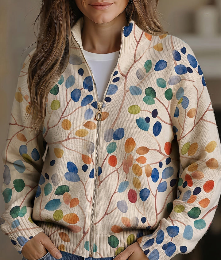 Imogene™ | Cardigan med botanisk bladprint og lynlås