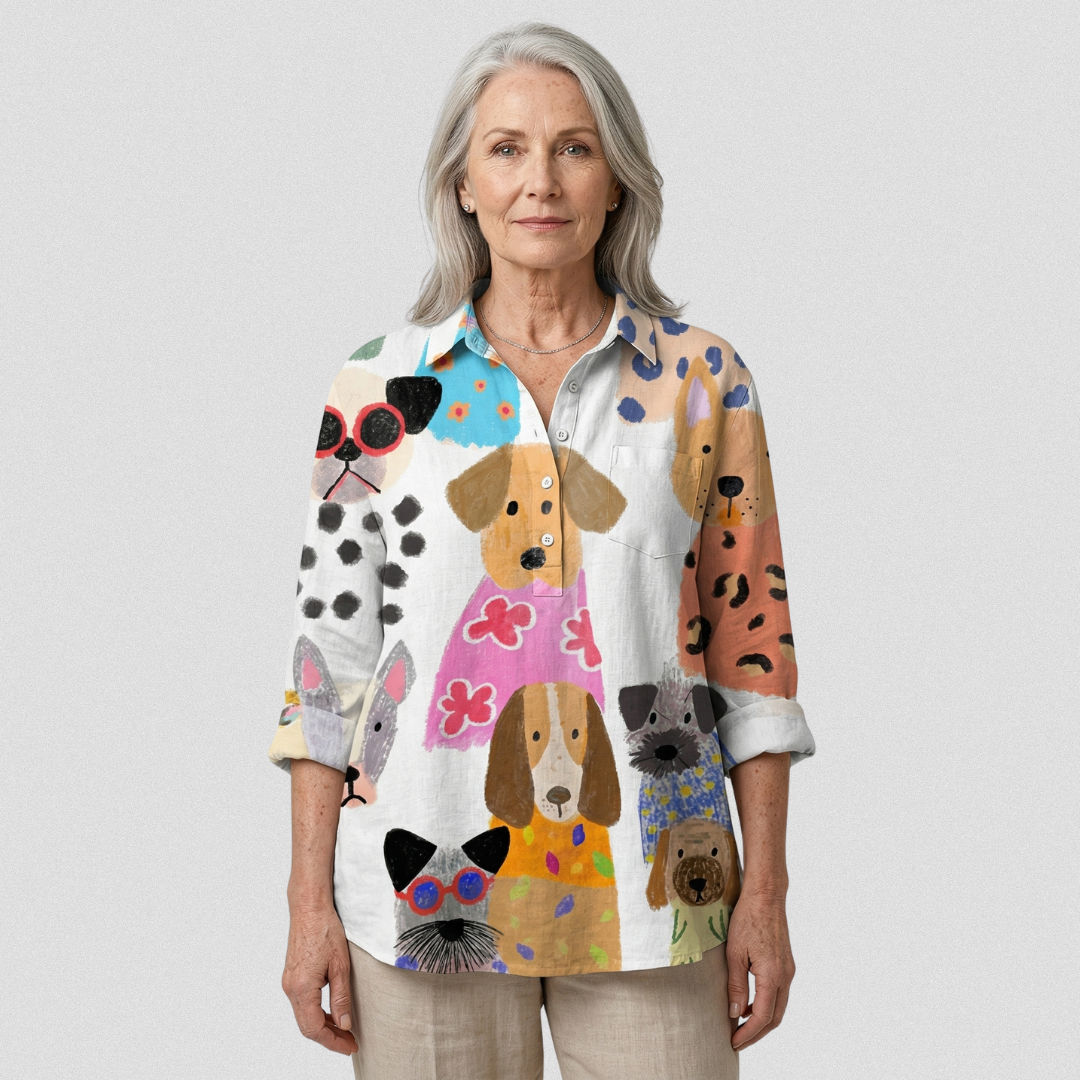 Brigitte | Casual skjorte med farverigt tegneserie-hvalpeprint