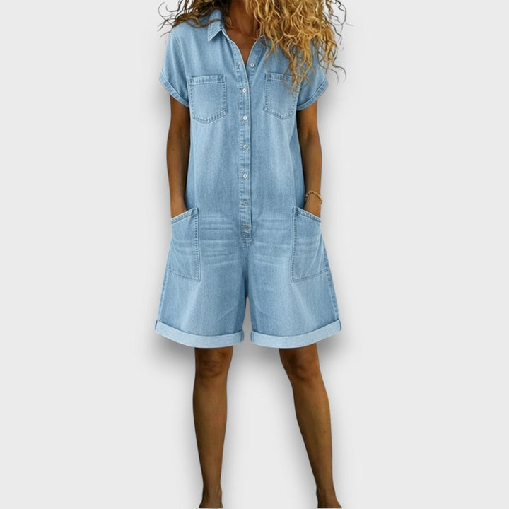 Joan | Vintage korte overalls i bomuld med denimlook