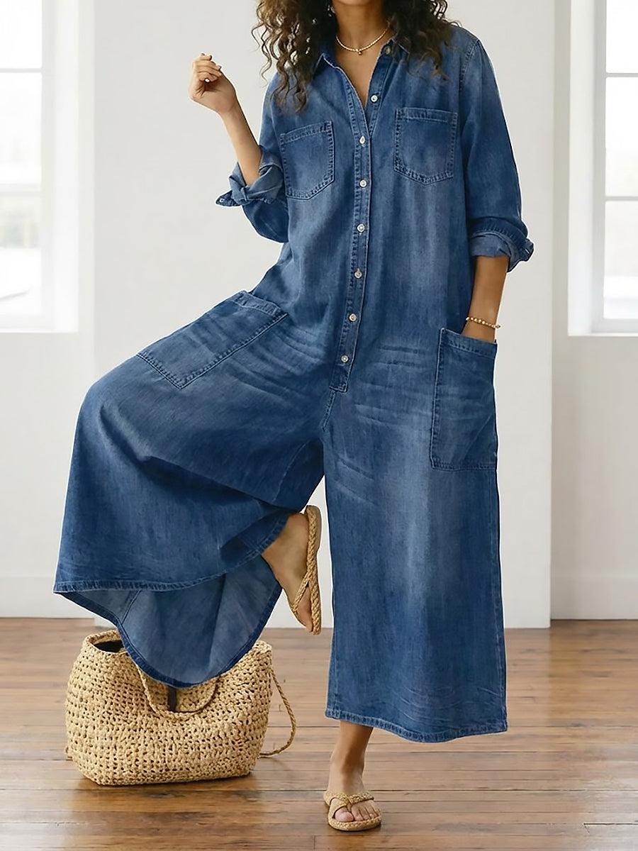 Diana | Vintage denim-jumpsuit i blød bomuld med knaplukning