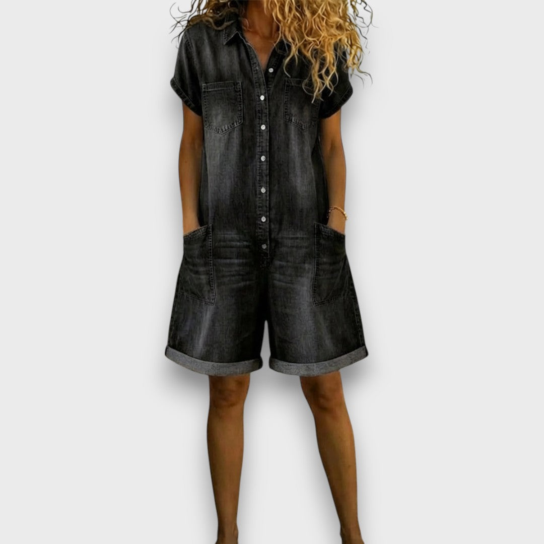 Joan | Vintage korte overalls i bomuld med denimlook