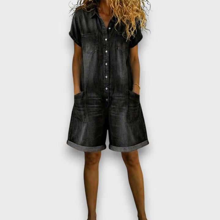 Joan | Vintage korte overalls i bomuld med denimlook