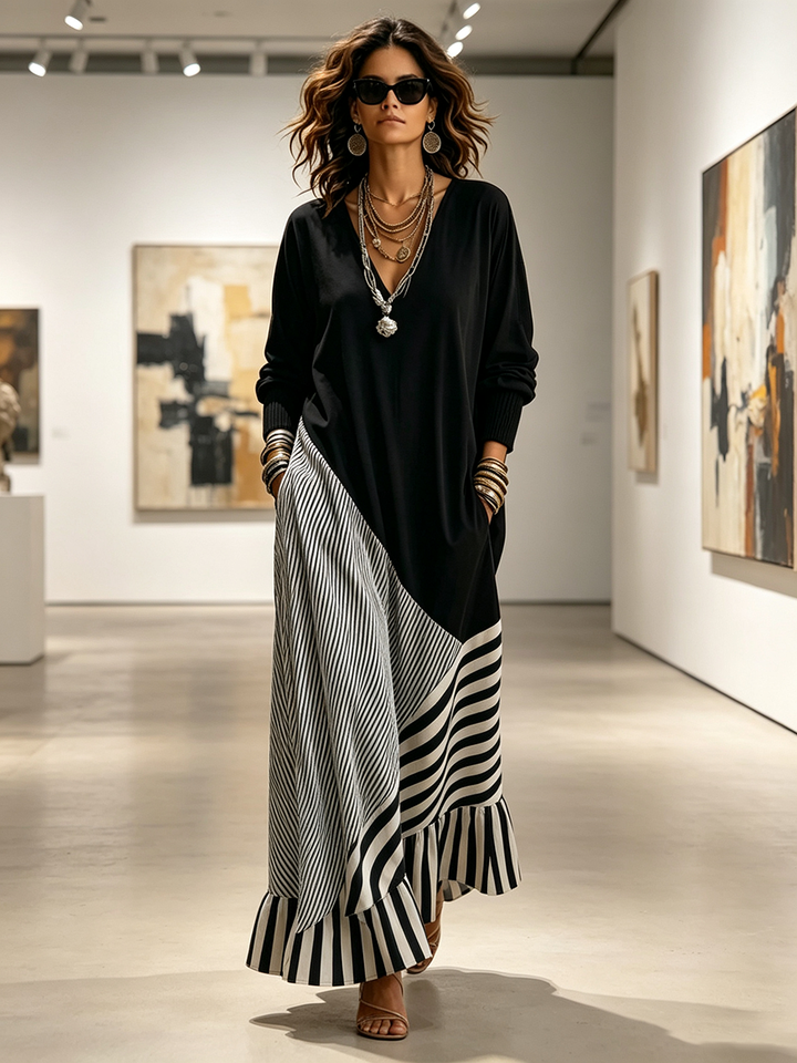 Alice | Elegant sort stribet maxi-kjole