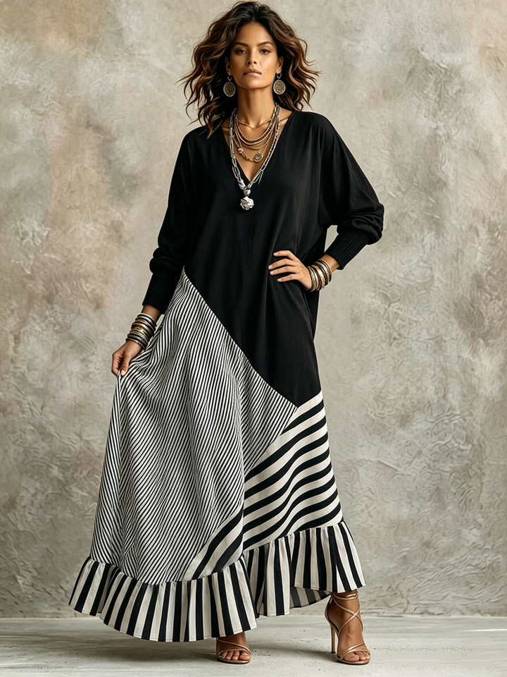 Alice | Elegant sort stribet maxi-kjole