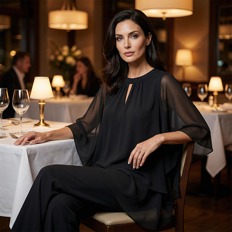 Jeannine | Sæt med asymmetrisk lagdelt bluse og vide bukser