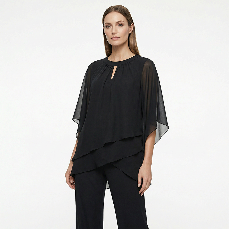 Jeannine | Sæt med asymmetrisk lagdelt bluse og vide bukser