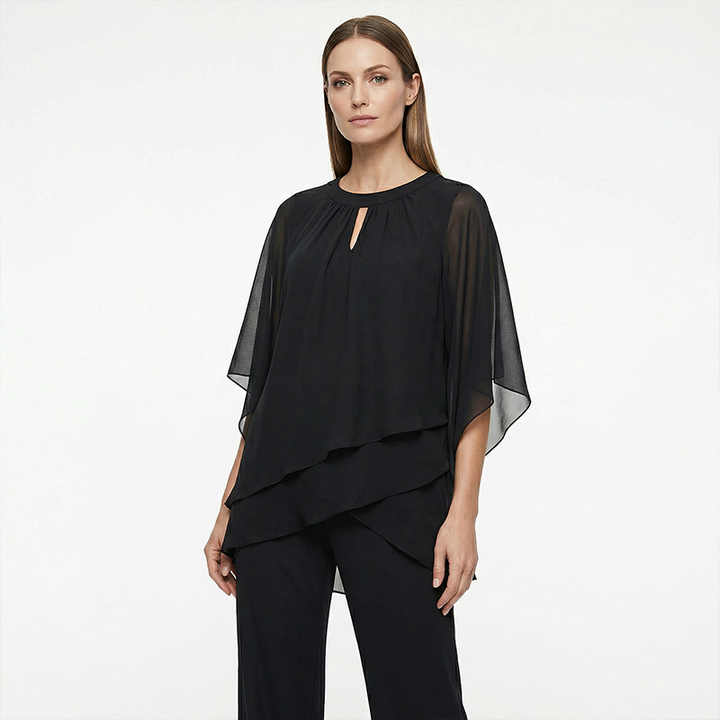 Jeannine | Sæt med asymmetrisk lagdelt bluse og bukser med vide ben