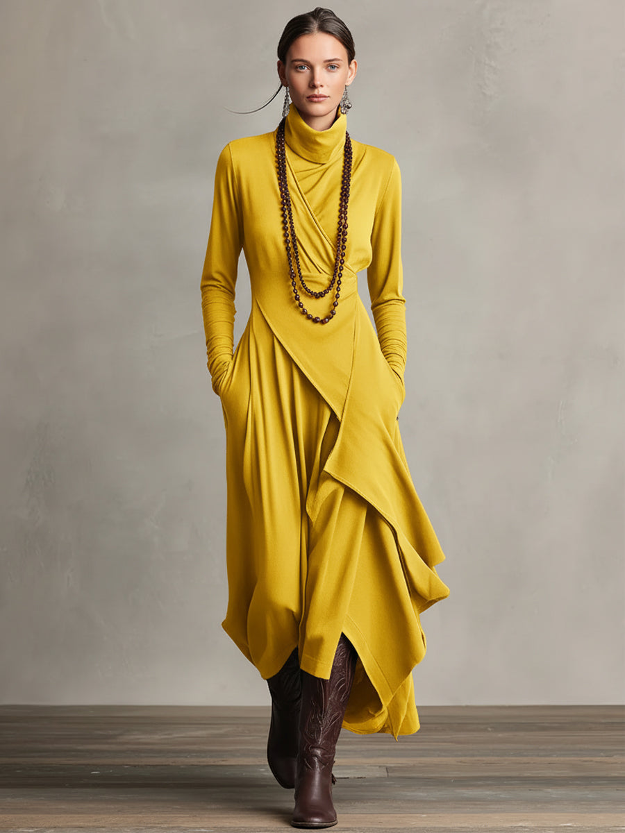 Boheme maxikjole i bomuldsstretch med rullekrave og asymmetrisk drapering